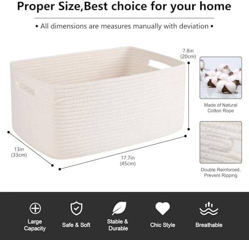 OIASKET Large Storage Basket for Organizing, Woven Rope Basket for Shelves, Closet Organizer Bins for Clothes, Blanket, Toys, Baby Nursery Storage, 17.7" x 13" x 7.87", 2 Packs White