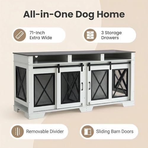 71 in Double Dog Crate Furniture - Heavy Duty Wood & Metal Dog Kennel for 2 Large Dogs, Removable Divider, Double Doors, Sliding Barn Door, 3 Storage Drawers - Size: 71 inches