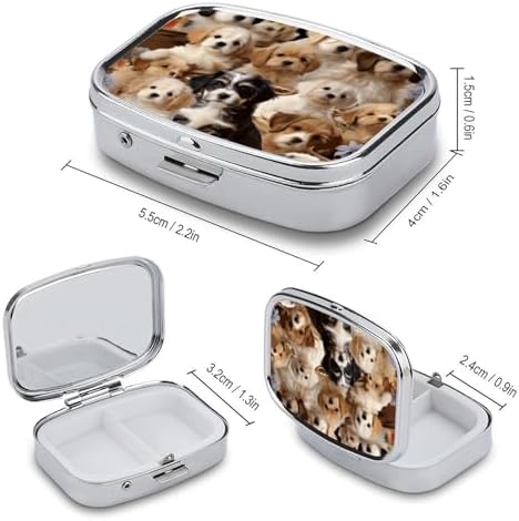 Travel Portable Pill Box with Mirror Cute Pet Dogs Printed Rectangular Medicine Box 2 Compartment Medicine Case Vitamin Pill Organizer for Fish Oils Supplements