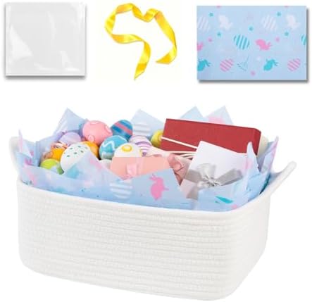 OIAHOMY Woven Basket, Gift Basket Empty with Gift Bags, Ribbons and Wrap Tissue Paper, Rope Baskets for Baby Showers, Storage Baskets with Handles for Nursery, Pet Toy Organizer - Easter White