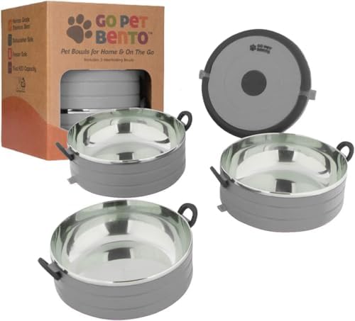 Healthy Human Travel Pet Bento Bowls - Human-Grade Stainless Steel & BPA-Free, Leak-Proof Water & Food Container Set for Dogs & Cats, 3-Pack Interlocking Bowls, Includes Spare Clips & Handle (Gray)