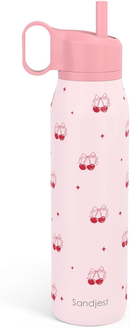 Cherry Water Bottle with Twist Lid Stainless Steel 20oz, Travel Insulated for Sports & Gym, Gift for Women Girl Birthday Christmas