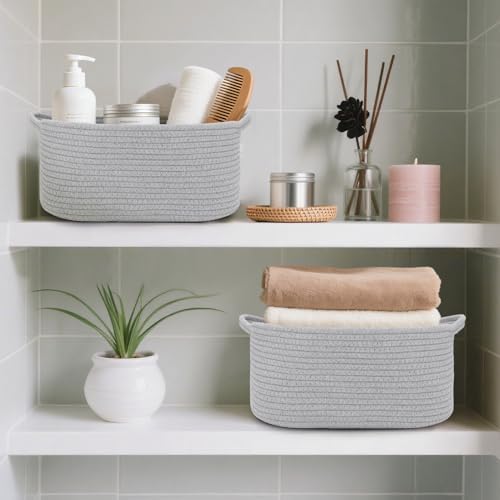 Woven Basket with Gift Bags and Ribbons, 14"X 10" X 6" Storage Basket Grey | Gift Storage Organizer Basket Bin Shelf Shelves Cotton Rope Basket for Nursery, Pet Toys