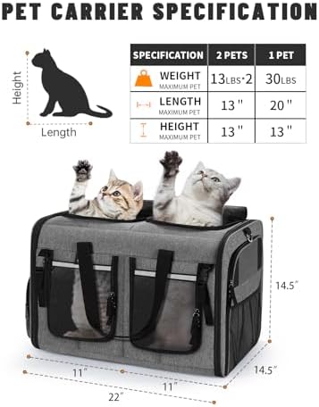 Cat Carrier for 2 Cats, Foldable Double Cat and Dog Carrier, Small to Medium Size, 2 Front Zippered Compartments,Two Pets Carrier for Travel,Mulitple Cat Carrier (Dark Gray with Flat Pocket)