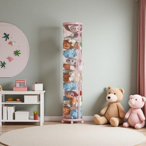 Upgraded Stuffed Animal Storage Tube, 59" Tall (150cm) Plush Organizer with 4 Wheels, PET Clear Bucket & Double Zipper, Space-Saving Toy Storage for Kids Room, Tidy Zoo Bin for Stuffed Animals (Pink)