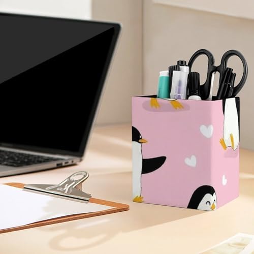 Square Pen Holder Waterproof Multifunctional Desk Organizer For Office Home Cute Cartoon Penguin And Heart Pink