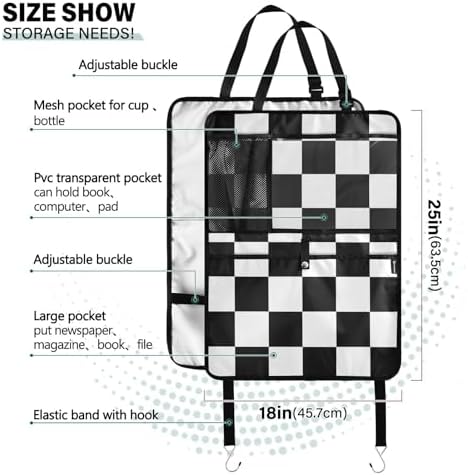 2 Pack Back Seat Car Organizer with Storage Pockets Kick Mats Back Seat Protector Hanging Car Organizer Automotive Seat Back Cover Organizers Checkered Black and White