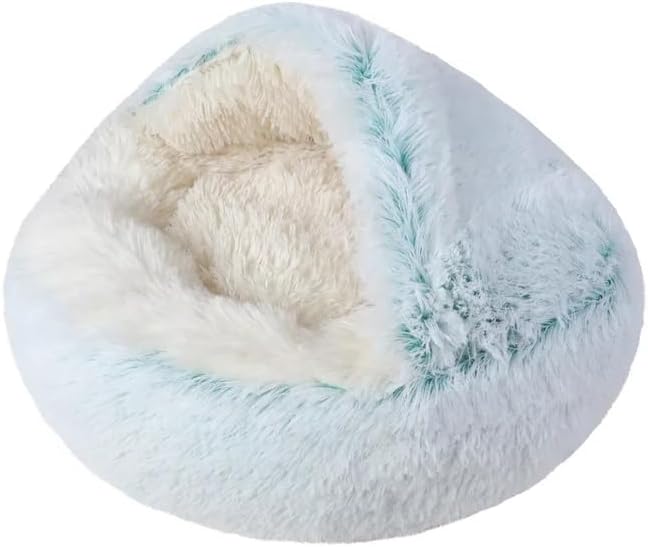 Round Fluffy Hooded Cat Bed Cave, Anti-Anxiety Cave Bed with Blanket | Hooded Cat Bed Cave, Cozy Cuddler Luxury Puppy Pet Bed, Anti-Slip Bottom and Machine Washable