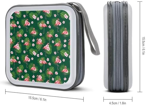 Portable DVD CD Organizer Wallet Flroal Palm Leaf Flamingo Green, 40-Capacity Hard Case with Strap, Protective Storage Binder for Car Home