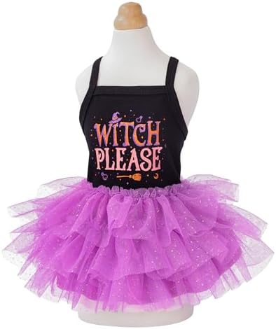 Fitwarm Witch Please Halloween Dog Tutu Dress, Funny Halloween Costumes for Small Girl Dogs, Pet Outfit, Black, Purple, XXS