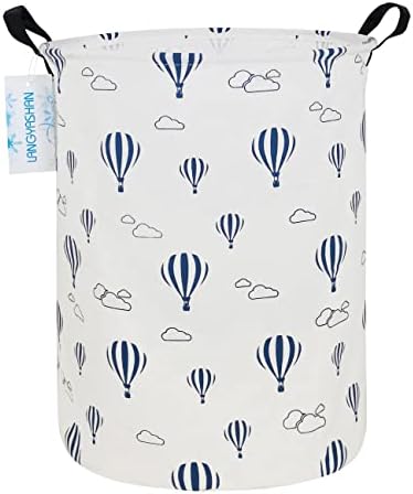 Round Laundry Basket Collapsible Storage Hamper Blue Balloon | Waterproof Canvas Foldable Baskets with sturdy Handles Multi-scene Organizer for Home Play Bedroom Gift Bin