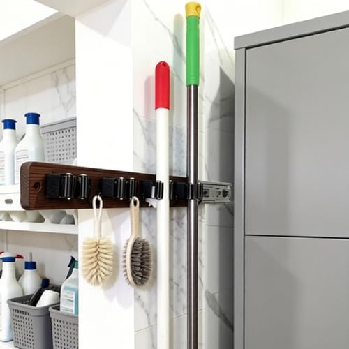 Left Pull Out Broom Holder Wall Mount, Broom and Mop Organizer Wall Hanging for Garage Garden Organize, Rustic Wood Broom Hanger with 4 Slots and 4 Hooks for Home Décor, Kitchen and Closet