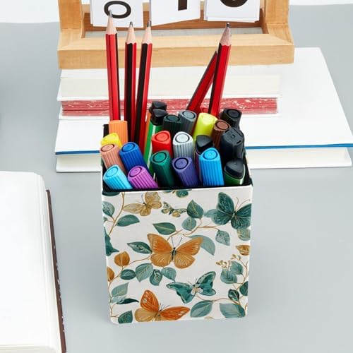 Butterfly Pen Holder for Desk Decor, Rectangular PVC Leather Pencil Cup for Desk Pen Organizer, Makeup Brush Holder for School, Home, Office