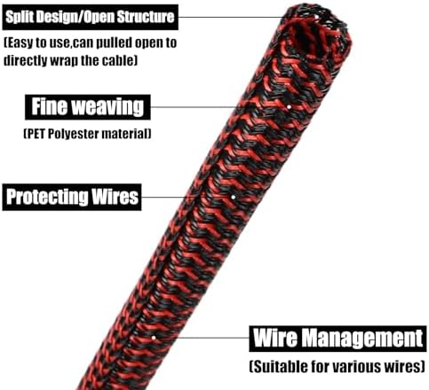 25ft PET Braided Cable Sleeve 1/2 inch(13mm) Wire Protector Cable wrap Wire Covers for Cords Cable Sleeves Cord Management Cable Management Sleeve(Red Black)