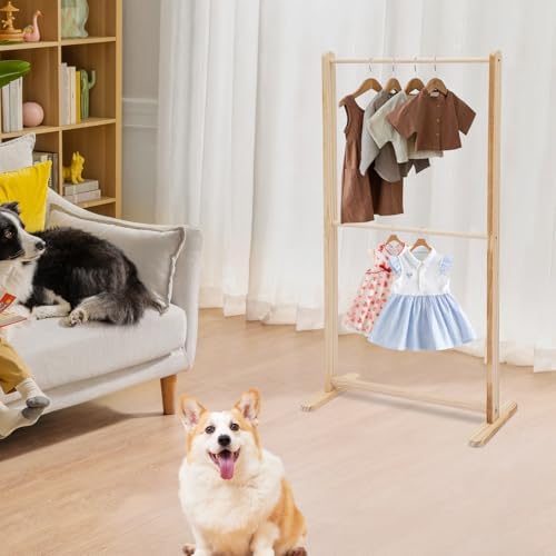 Pet Clothing Display Stand, 11lbs Capacity, Solid Wood Garment Rack with Detachable Crossbar for Dogs Cats