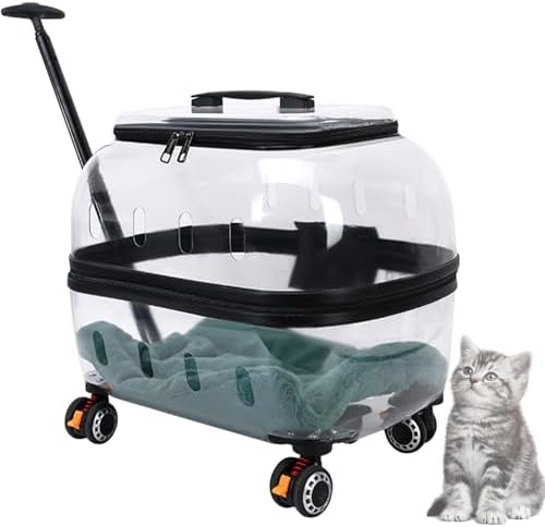 Portable Pet Carrier with Wheels, 360°Clear Window Pet Trolley Case with Ventilation Holes, Portable Breathable for Travel/Hiking/Outdoor/Walking TransparentBlack
