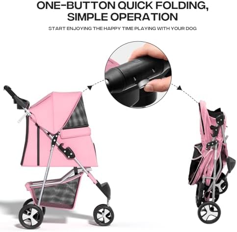 Foldable 3-Wheel Pet Stroller for Small/Medium Dogs & Cats, Pink | Storage Basket & Cup Holder, Breathable Mesh Cover, Lightweight and Durable, for Small to Medium Pets, up to 33 lbs