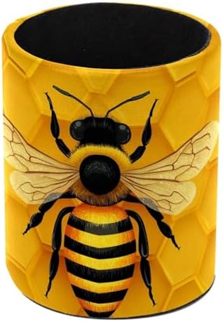 Faux Leather Pen Holder for Desk, Pencil Organizer Bee Pen Cup Desk Decor Makeup Brush Holder Storage for Office Home