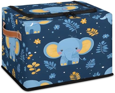 Blue Elephant Storage Bins with Zipper Lid Foldable Fabric Organizer Box with Handles Rectangular Closet Clothes Organizer Containers