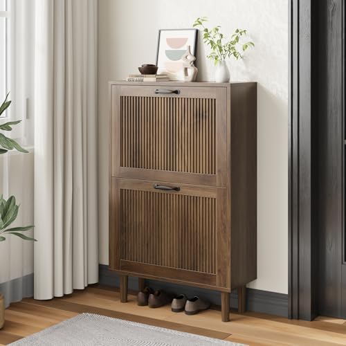 Kiasthome 2 Tier Entryway Shoe Storage Cabinet Closed Space Saving Hidden Shoe Organizer with Ribbed Doors Freestanding for Hallway Bedroom Walnut Finish (Walnut, 24.4")
