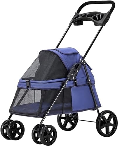 Small Pet Dog Pram Stroller for Cats with Cup Holder, Dog Strollers for Small Dogs Premium Stroller with Rain Cover, Breathable Pushchairs Pet Gear(Blue)
