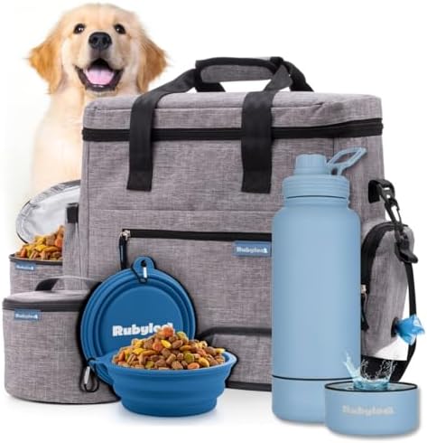 Rubyloo The Original Doggy Bag (Grey) & 32oz Insulated Water Bottle with Attached 8oz Bowl (Solid Dusty Blue) – Dog Travel Bag & Hydration Set