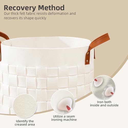BOLDMONKEY Blankets Basket 15" x15 " x13 " 2 Pack, Round Laundry Hamper with Leather Handle, Soft Dog Toy Basket for Storage-Beige