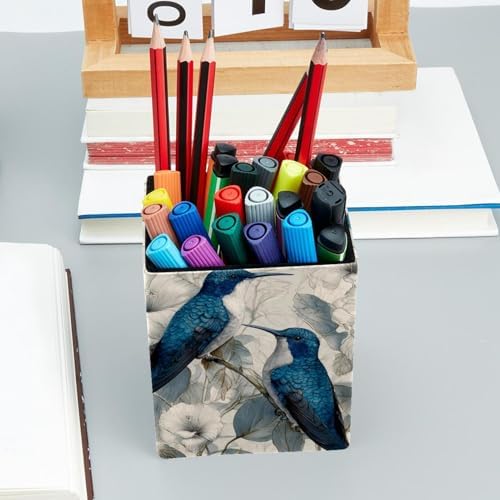 Hummingbird Pen Holder for Desk Decor, Rectangular PVC Leather Pencil Cup for Desk Pen Organizer, Makeup Brush Holder for School, Home, Office