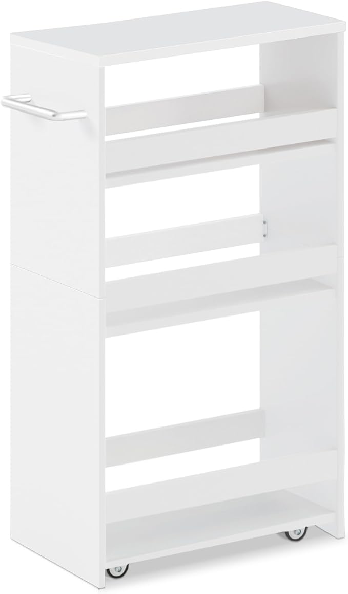 MARTY Slim Rolling Storage Cart, Wood Utility Kitchen Bathroom Laundry Cart | 4 Tier Kitchen Cart with Wheels Handle, Laundry Room Organization Between Washer and Dryer, Narrow Storage Cabinet, 8” Wide
