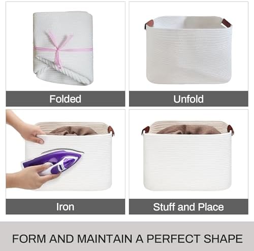 Large Cotton Rope Storage/Laundry Hamper Basket | Leather Handles, Durable & Stylish, Foldable, Handmade, Blanket/Toy/Nursery/Laundry/Living Room/Bathroom/Bedroom/Home Decor