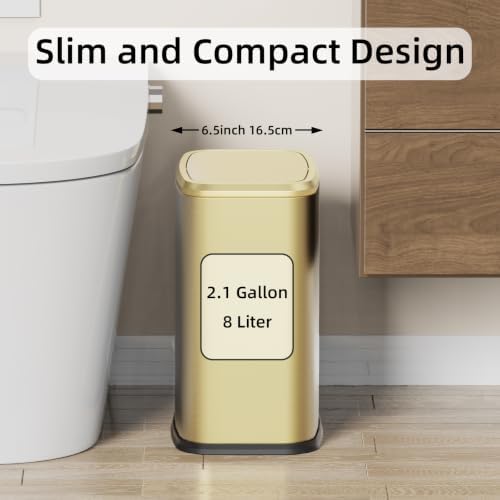 8L/2.1 Gallon Small Bathroom Trash Can with Lid, Swing-Top Rectangular Waste Bin, Stainless Steel Garbage Can for Home, Office, Toilet, Bedroom, Living-Room (Gold)