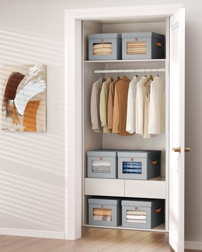 Homsorout Storage Bins with Lid – Closet Organizer with Side Opening and Clear Window, Foldable Stackable Fabric Basket for Clothes, Home, Office - 13.77" x 11.8" x 9.8", 6 Pack, Grey