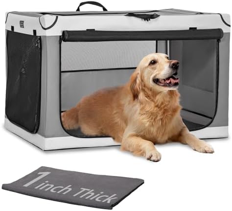 PETSFIT Portable Dog Crate for Medium Large Dogs, – 36" Soft Dog Travel Crates with Lockable Zippers & Thicken Mat, Adjustable Patented Spiral Steel Frame, Collapsible Kennel for Indoor & Outdoor