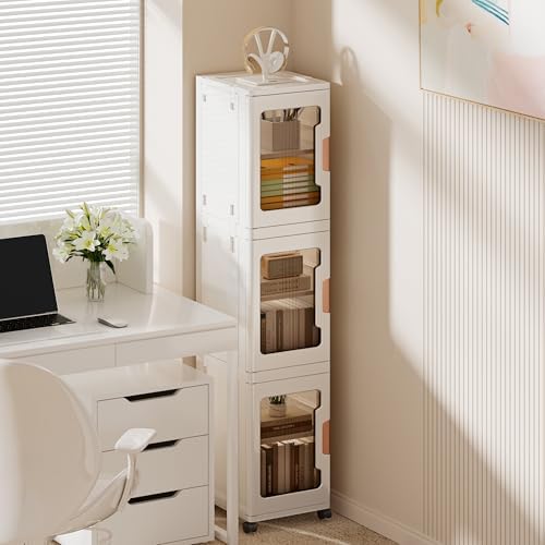 4-Tier Slim Tall Bathroom Storage Cabinet，Narrow Bathroom Storage Cabinet with Transparent Doors and Shelves, Suitable for Small Spaces, Bathrooms, Kitchens, Laundry Rooms,White (9.8x11.4x62.9)