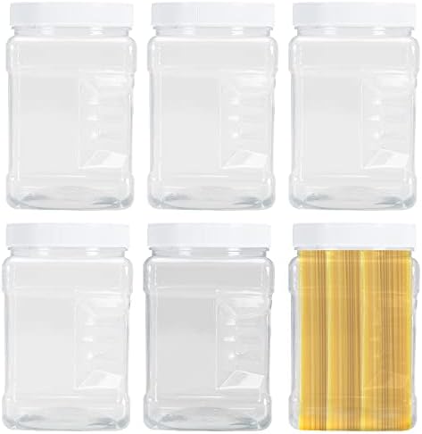 Lawei 6 Pack Square Plastic Jars with Lids, 30 Oz Clear Rectangular 4-Cup Containers with Easy Grip Handles, Wide Mouth Plastic Canisters for Dry Food, Cookies, Peanut Butter, Honey and Jam Storage