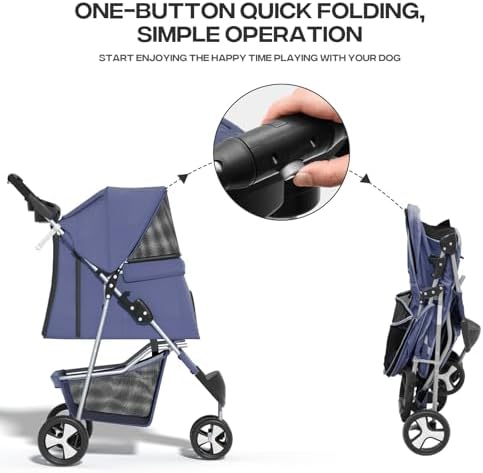 Foldable 3-Wheel Pet Stroller for Small Dogs & Cats, Navy Blue | Storage Basket & Cup Holder, Breathable Mesh Cover, Lightweight and Durable, for Small to Medium Pets, up to 33 lbs