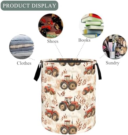 Farm Tractor Laundry Basket Hamper, Organizer Bins Gifts for Women Kids, Rustic Farm Vehicle Foldable Waterproof Clothes Hamper Handles Storage Bucket for Bedroom Bathroom Room Decor 19.7"x15.7"