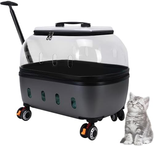 Portable Pet Carrier with Wheels, 360°Clear Window Pet Trolley Case with Ventilation Holes, Portable Breathable for Travel/Hiking/Outdoor/Walking Darkgray