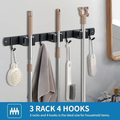 JAMEND CLXP Broom Hanger and Mop Holder, Heavy Duty Garden Tool Organizer Rack Rake and Shovel Handle, Stainless Steel Wall Mounted Utility Rack with Screws (5 Racks with 4 Hooks, Matte Black).