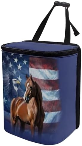 DISNIMO American Flag Eagle Horse Car Trash Can Car Accessories Organizer Garbage Bag Dustbin Container with Zipper Lid Waste Basket Storage Pockets Hanging Vehicle Trash Bin