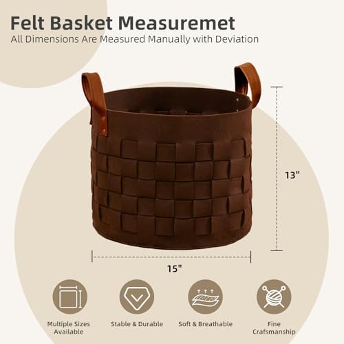 boldmonkey Blanket Basket 15 " x15 x13 2 Pack, Fabric Large Basket with Leather Handle, Dirt Clothes Laundry Basket Round for Babies, Dogs and Living Room-Brown