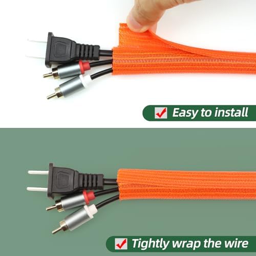 Split Wire Loom Tubing, Cable Protector Sleeve, Braided Cable Management for TV/Computer/Home Theater/Engine Bay, Cord Protectors from Pets No Chew (Orange, 3/8"-10ft)