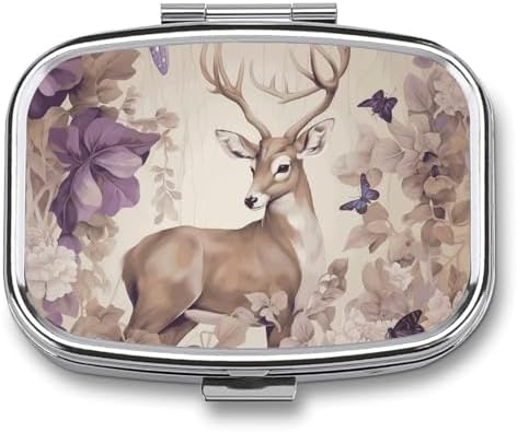 Pill Organizer, Portable Pill Box, Travel 7 Day Pillcase Deer Birds with Flowers Medicine Organizer 2 Compartments Medicine Container for Vitamins, Medications, Fish Oil and Supplements