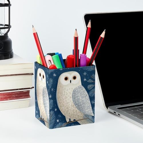 Owl Pen Holder for Desk Decor, Rectangular PVC Leather Pencil Cup for Desk Pen Organizer, Makeup Brush Holder for School, Home, Office