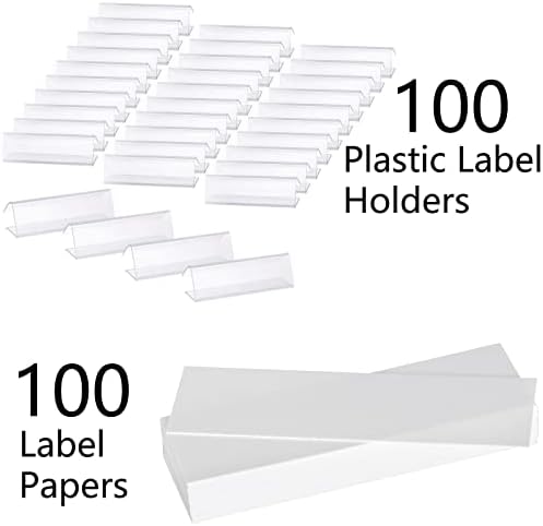 Hedume 100 Pcs Plastic Label Holder with 100 Pcs Label Inserts, 3" L x1" H Clear Plastic Shelf Label Holder, Shelf Sign and Ticket Holder, Clips On to Shelves 5/8" to 3/4" Thick