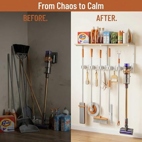 Upgraded Broom Holder Wall Mount with Shelf, Mop and Broom Organizer Wall Hanging, Cleaning Supplies Organizer with 5 Grippers, 4 Hooks and Vacuum Holder for Laundry Room, Garage, Kitchen