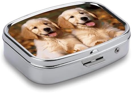 Golden Retriever Dogs Puppies Pets Pill Organizer with Mirror 2 Compartments Waterproof Pill Case for Purse Pocket Non-slip Grip Travel Medicine Organizer Container Box for Vitamin Fish Oil Supplement