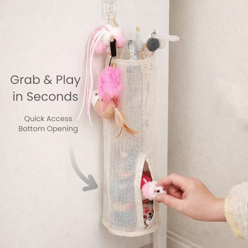 Cat Wand Toy Storage Organizer, Wall Mounted Mesh Holder for Cat Toys, Space-Saving with Adhesive Hooks (Single Compartment)