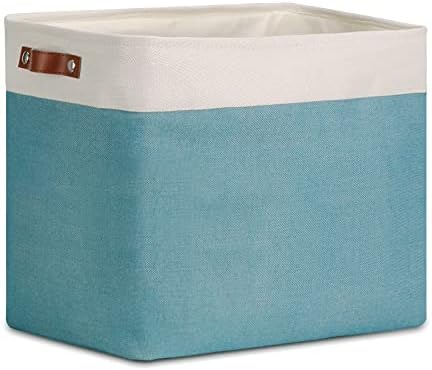 DULLEMELO Large Collapsible Storage Basket/Bin with Sturdy Leather Handles, Fabric Organizer Bin for Storage Clothes, Toys, Books, Office, Bedroom, Closet, Nursery & Laundry (White&Teal)