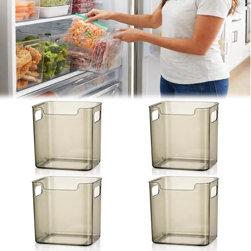 Crystal Clear Freezer Storage Bins, Clear Plastic Bins Stackable Pantry Drawer Plastic Organizers Containers with Handle for Refrigerator Fridge Cabinet Kitchen Countertops Cupboard (Green S, 4Pcs)